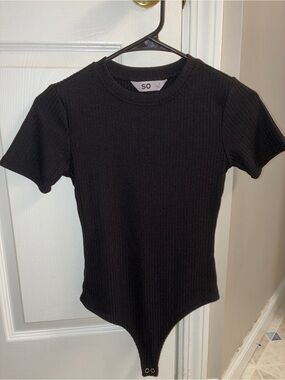 SO Black Ribbed Short Sleeve Crew Neck Bodysuit